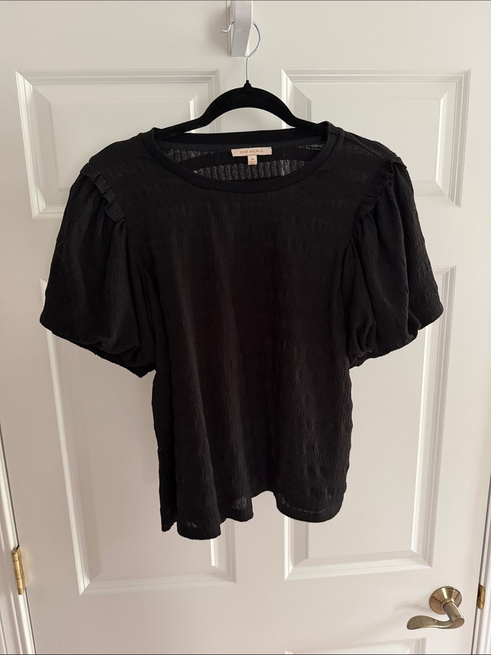 Skies Are Blue Black Puff Sleeve Textured Top